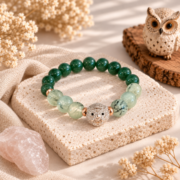 Prehnite + Green Aventurine คั่น Hematite สีโรสโกลด์ แต่งชาร์ม ลูกอม “ท้าวเวสสุวรรณ”