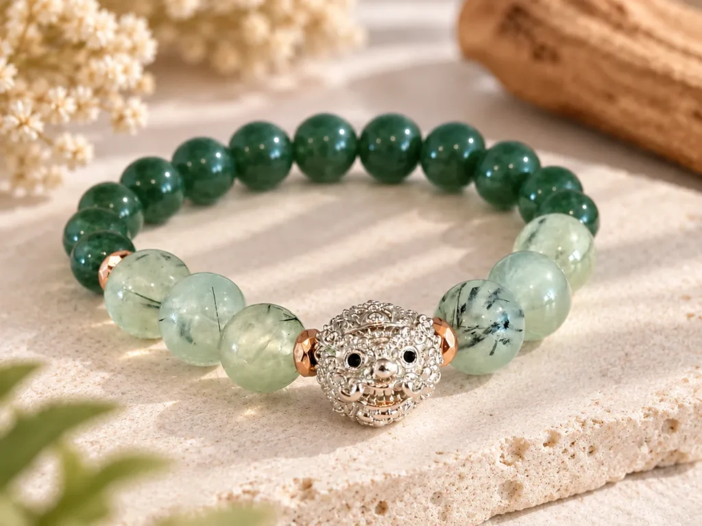 Prehnite + Green Aventurine คั่น Hematite สีโรสโกลด์ แต่งชาร์ม ลูกอม “ท้าวเวสสุวรรณ”