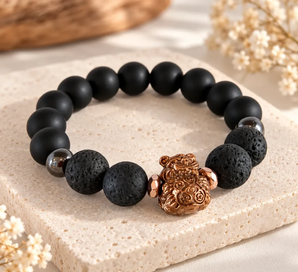 Onyx + Lava Stone คั่น Hematite แต่งชาร์ม ลูกอม “เสือนอนกิน”