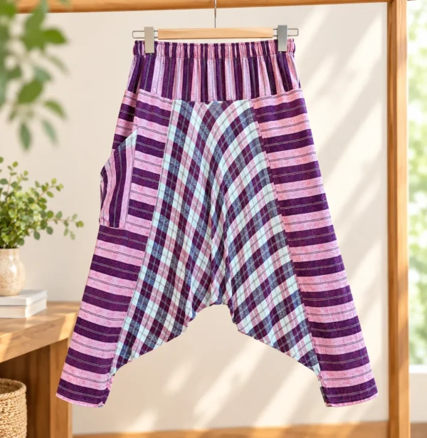 นกฮุก ริมโขง Online Store Image 16 ก.ย. 2569 14_37_24 กางเกงฮาเร็มผ้าฝ้าย ลายริ้ว–ตาราง โทนม่วงชมพู