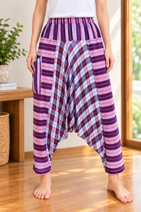 นกฮุก ริมโขง Online Store Image 17 ก.ย. 2569 11_37_31 กางเกงฮาเร็มผ้าฝ้าย ลายริ้ว–ตาราง โทนม่วงชมพู