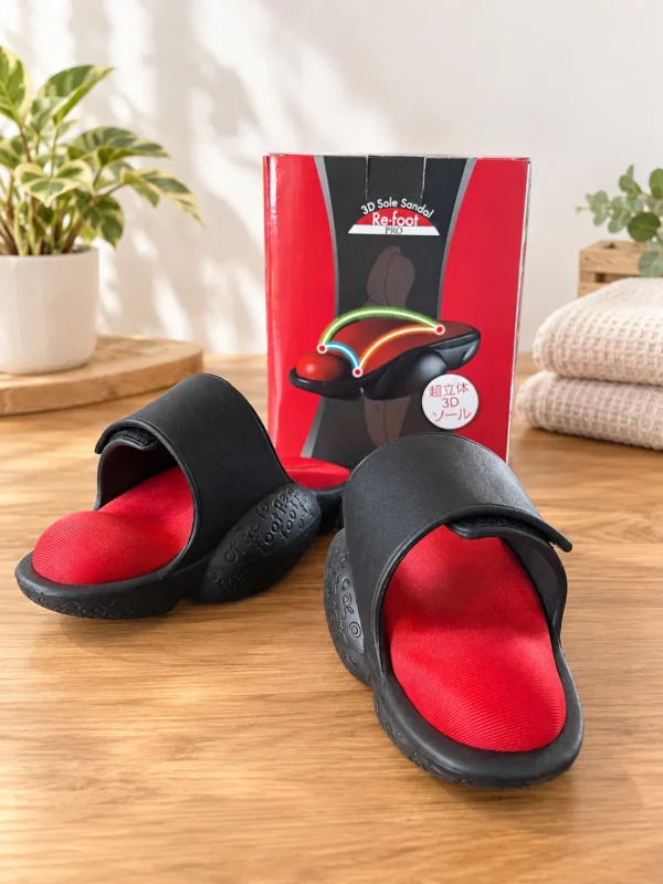 นกฮุก ริมโขง Online Store Image 17 ก.ย. 2569 12_14_15 รองเท้าเพื่อสุขภาพ 3D Sole Sandal Re-foot PRO สีดำ–แดง